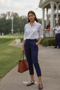 golf tournament outfit for women golf specatoros, a women wearing blue cropped pants, a white shirt standing next to the golf club house