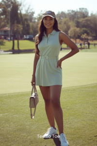 golf tournament outfit for women golfers, a women golfers in a sage green short dress with a cute golf bag standing next to the putting green