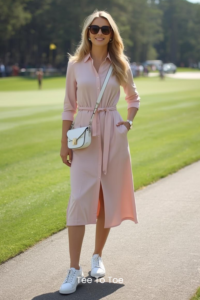 golf spectator outfit for women, a woman golf spectator standing on the golf course cart path wearing a floaty blush pink dress with white sneakers and oversized sunglasses