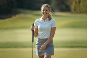 a woman golfer starting golf laughing and standing on the golf green