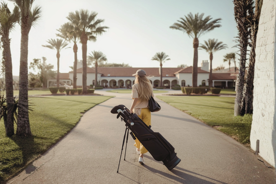 last-minute golf trip planning, woman golfer walking in a golf resort