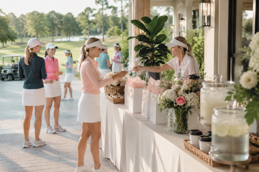 women's golf event registration desk